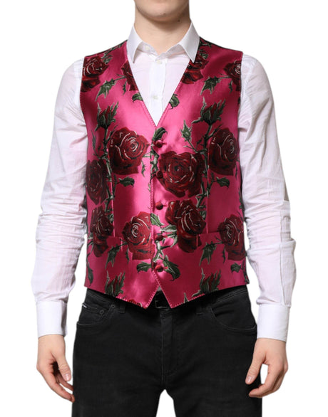 Dolce & Gabbana Pink Floral Satin Formal Men Waistcoat Vest - Hilstor
