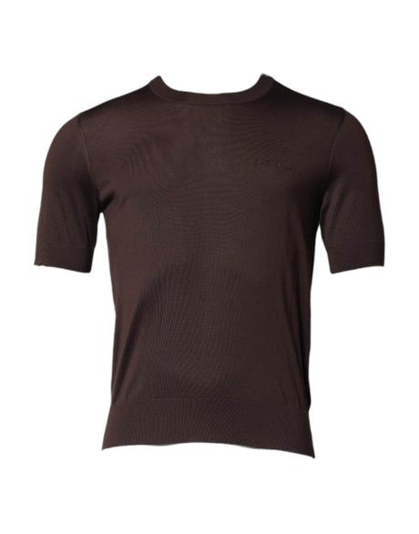 Dolce & Gabbana Brown Silk Logo Embroidery Crew Neck T-shirt - Hilstor