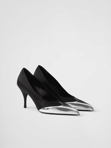 Prada Black Satin And Metallic Silver Leather Pumps - Hilstor