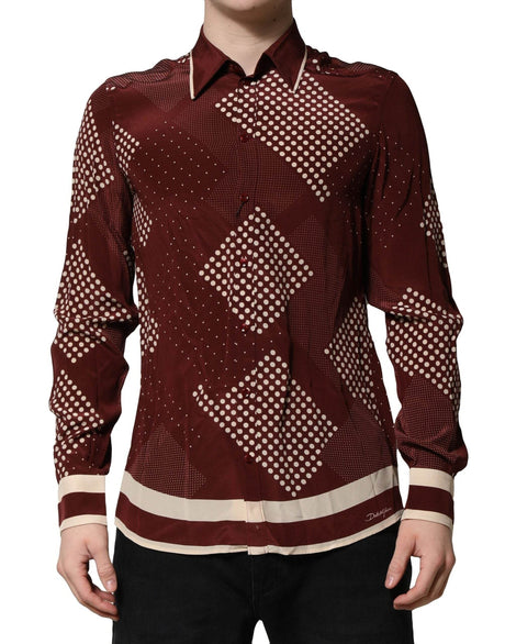 Dolce & Gabbana Maroon Dotted Silk Long Sleeve Casual Shirt - Hilstor