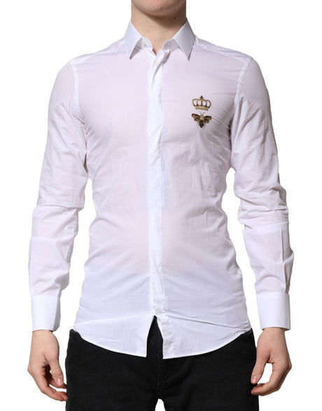 Dolce & Gabbana White GOLD Crown Bee Men Dress Formal Shirt - Hilstor