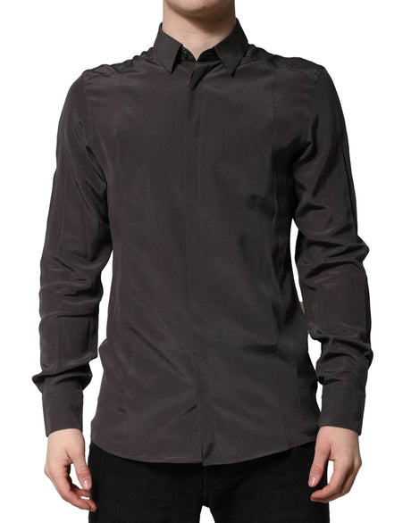 Dolce & Gabbana Dark Brown Silk GOLD Men Dress Formal Shirt - Hilstor