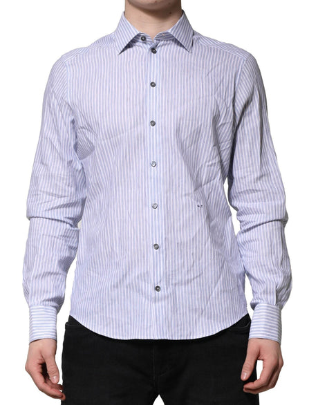 Dolce & Gabbana White Blue Striped Cotton Dress Formal Shirt - Hilstor