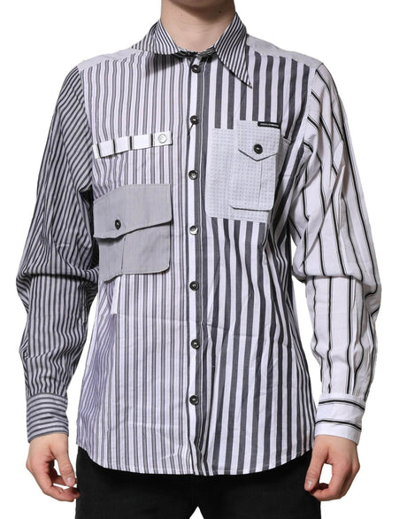 Dolce & Gabbana White Gray Striped Cotton Men Casual Shirt - Hilstor