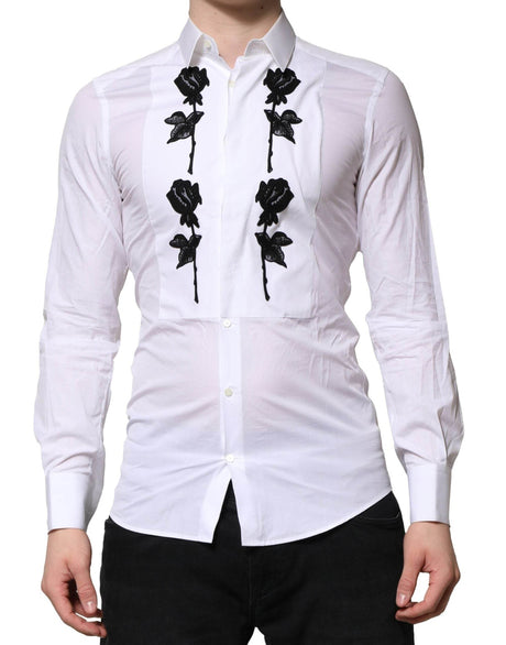 Dolce & Gabbana White Floral Embroidery Men GOLD Formal Shirt - Hilstor