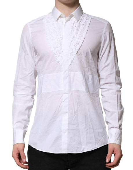 Dolce & Gabbana White Cotton Ruffled Detailing Formal Shirt - Hilstor