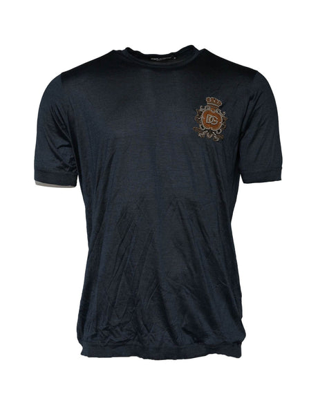 Dolce & Gabbana Dark Blue Silk Logo Patch Crew Neck T-shirt - Hilstor
