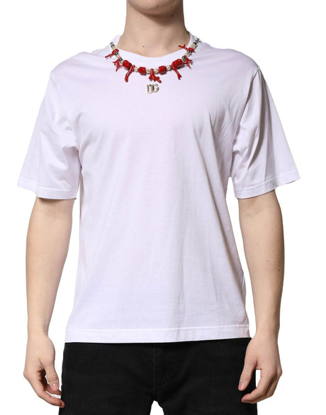 Dolce & Gabbana White Embellished Cotton Crew Neck T-shirt - Hilstor