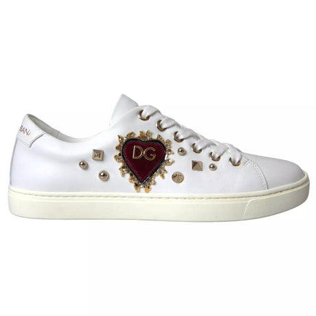 Dolce & Gabbana White Leather Gold Red Heart Sneakers Shoes - Hilstor