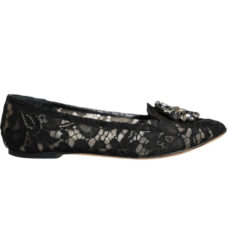 Dolce & Gabbana Black Lace Crystal Ballet Flats Loafer Shoes - Hilstor