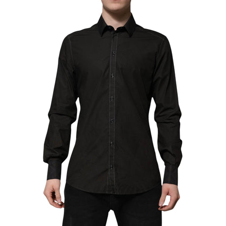 Dolce & Gabbana Black Cotton Jacquard GOLD Collar Dress Shirt - Hilstor