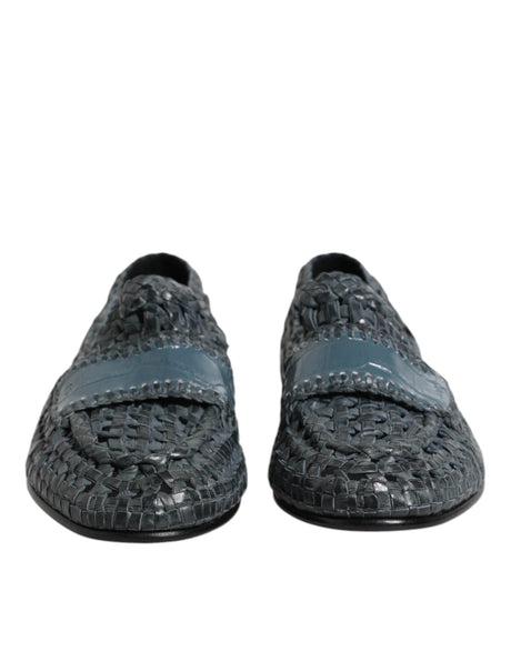 Dolce & Gabbana Blue Woven Leather Slip On Loafers Shoes - Hilstor