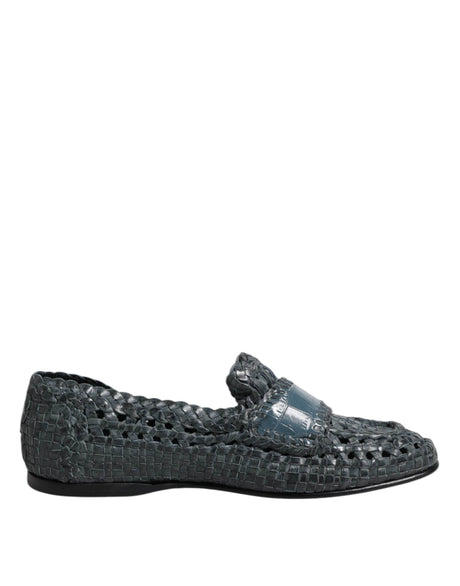 Dolce & Gabbana Blue Woven Leather Slip On Loafers Shoes - Hilstor