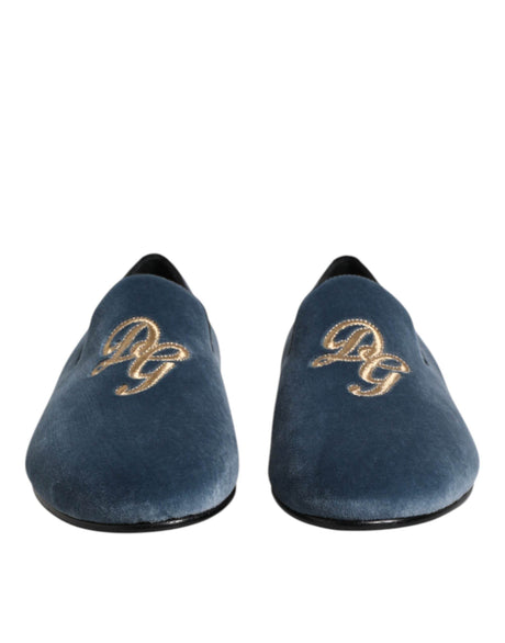 Dolce & Gabbana Blue Velvet DG Logo Loafers Formal Shoes - Hilstor