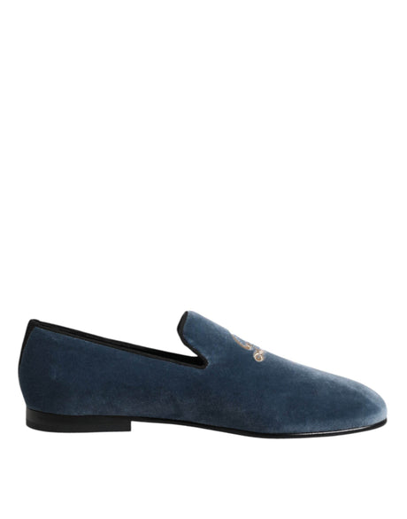 Dolce & Gabbana Blue Velvet DG Logo Loafers Formal Shoes - Hilstor