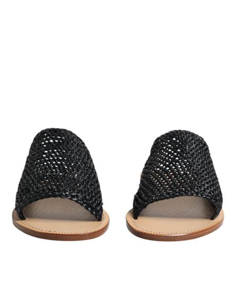 Dolce & Gabbana Black Monochrome Braided Raffia Slides Shoes - Hilstor