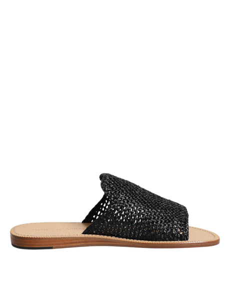 Dolce & Gabbana Black Monochrome Braided Raffia Slides Shoes - Hilstor