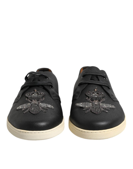 Dolce & Gabbana Black Leather Bee Crown Low Top Sneakers Shoes - Hilstor