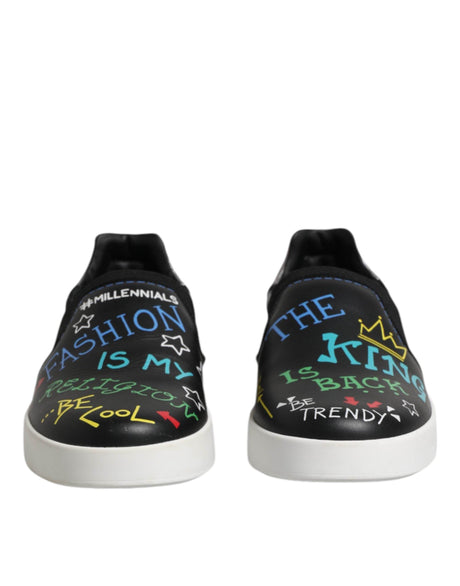 Dolce & Gabbana Black Leather Studded Graffiti Sneakers Shoes - Hilstor