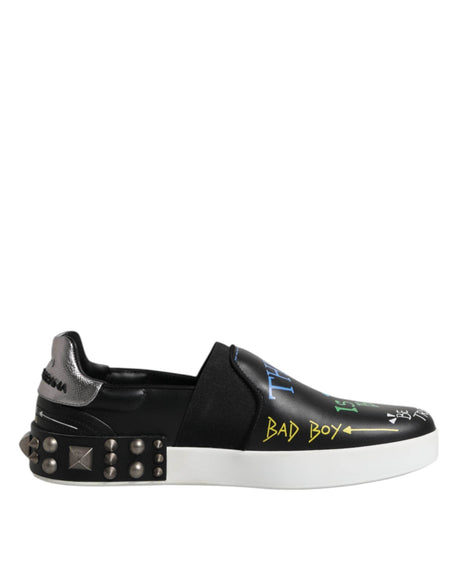 Dolce & Gabbana Black Leather Studded Graffiti Sneakers Shoes - Hilstor