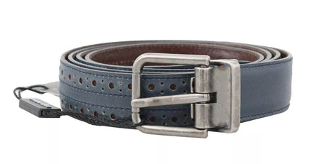 Dolce & Gabbana Blue Perforated Leather Gray Buckle Belt - Hilstor