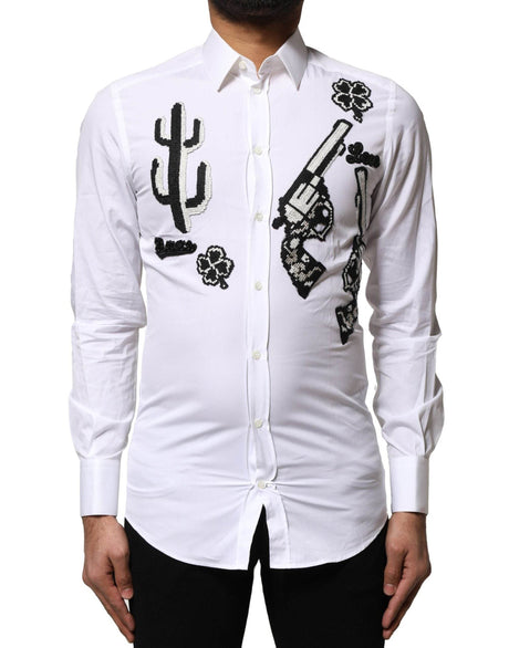 Dolce & Gabbana White GOLD Embroidery Detailed Dress Shirt - Hilstor