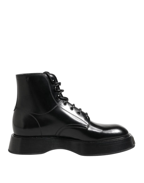 Dolce & Gabbana Black Leather Logo Ankle Boots Lace Up Shoes - Hilstor