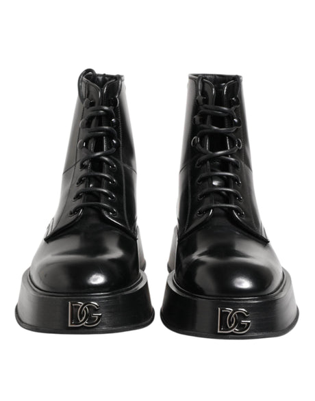 Dolce & Gabbana Black Leather Logo Ankle Boots Lace Up Shoes - Hilstor