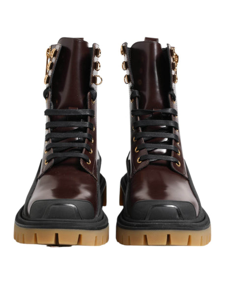 Dolce & Gabbana Brown Black Leather Boots Zipper Lace Up Shoes - Hilstor