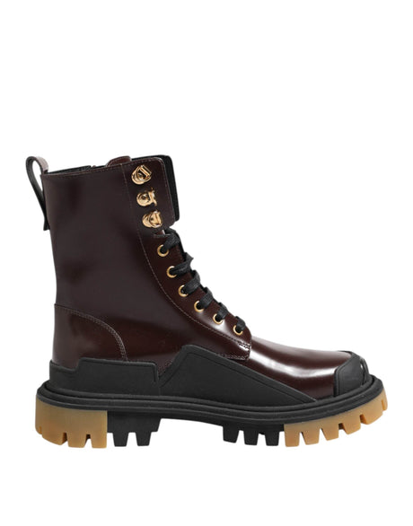 Dolce & Gabbana Brown Black Leather Boots Zipper Lace Up Shoes - Hilstor