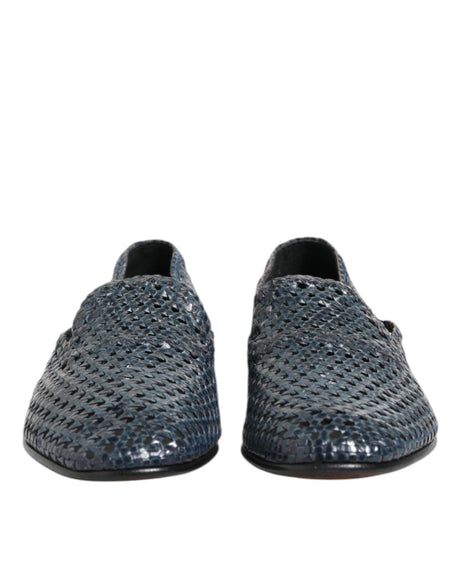 Dolce & Gabbana Blue Woven Leather Slip On Loafers Shoes - Hilstor