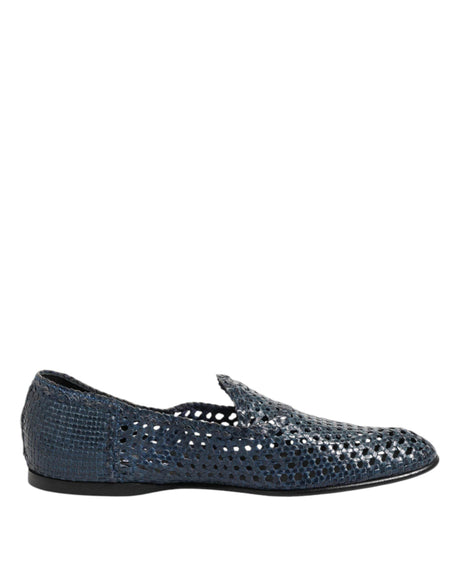 Dolce & Gabbana Blue Woven Leather Slip On Loafers Shoes - Hilstor