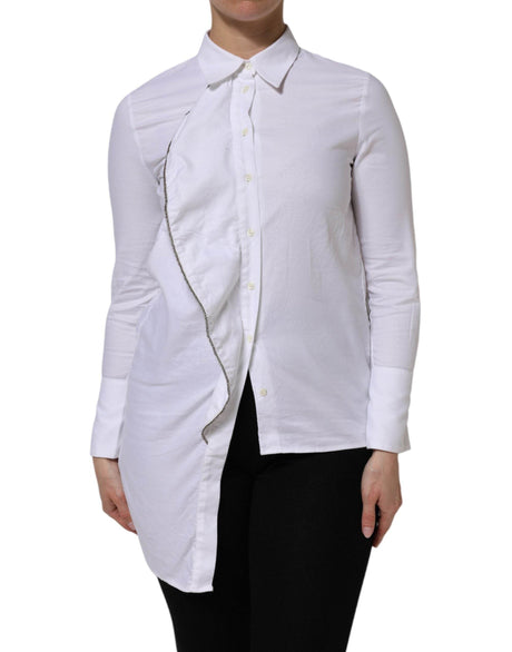 AGLINI White Cotton Collared Long Sleeves Ruffle Top Shirt - Hilstor