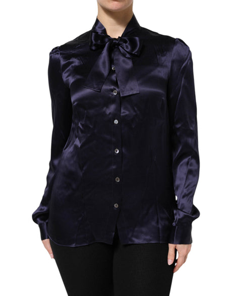Dolce & Gabbana Dark Purple Silk Ascot Collared Blouse Top - Hilstor