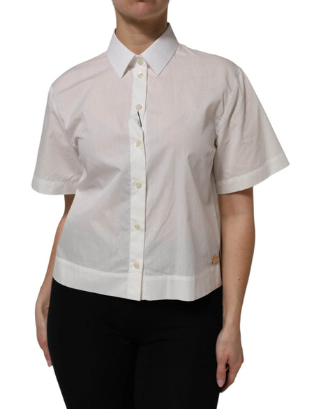 Dolce & Gabbana White Cotton Short Sleeves Collared Top Shirt - Hilstor