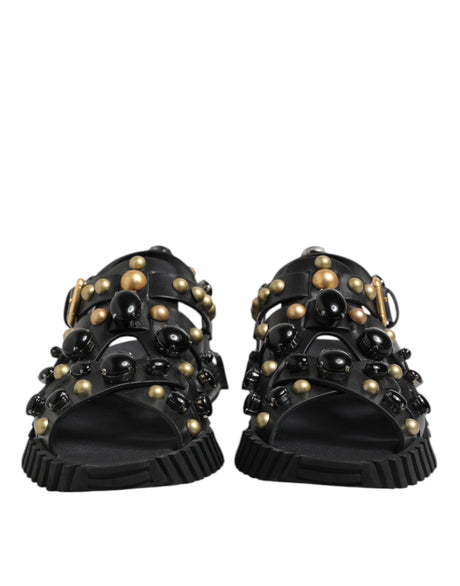 Dolce & Gabbana Black Leather Studded Ankle Strap Sandals Shoes - Hilstor