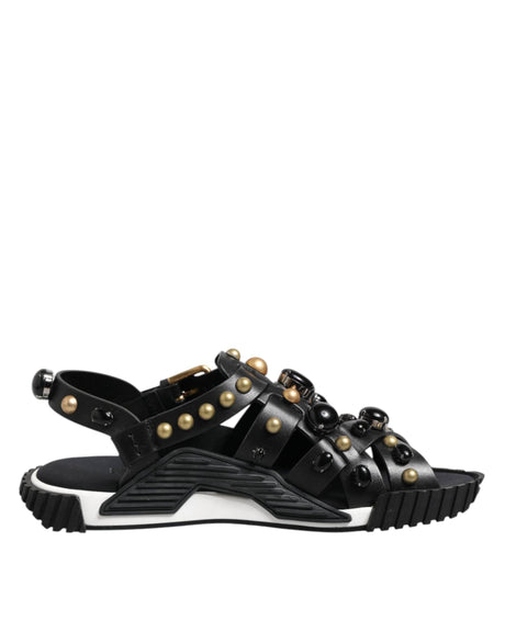 Dolce & Gabbana Black Leather Studded Ankle Strap Sandals Shoes - Hilstor