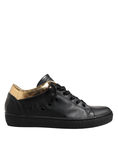 Leather Crown Black Gold Lace Up Low Top Women Sneakers Shoes - Hilstor