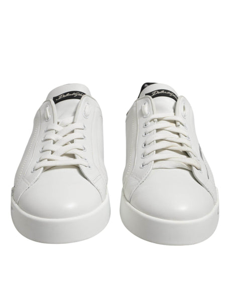Dolce & Gabbana White Black Logo Low Top Leather Sneakers Shoes - Hilstor