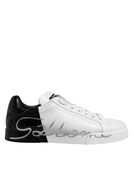 Dolce & Gabbana White Black Logo Low Top Leather Sneakers Shoes - Hilstor