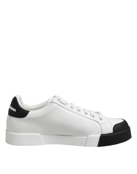 Dolce & Gabbana White Black Logo Leather Lace Up Sneakers Shoes - Hilstor