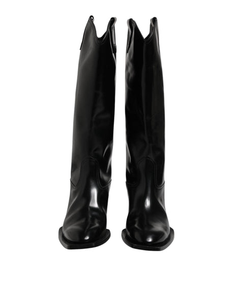 Dolce & Gabbana Black Calfskin Leather Logo High Boots Shoes - Hilstor