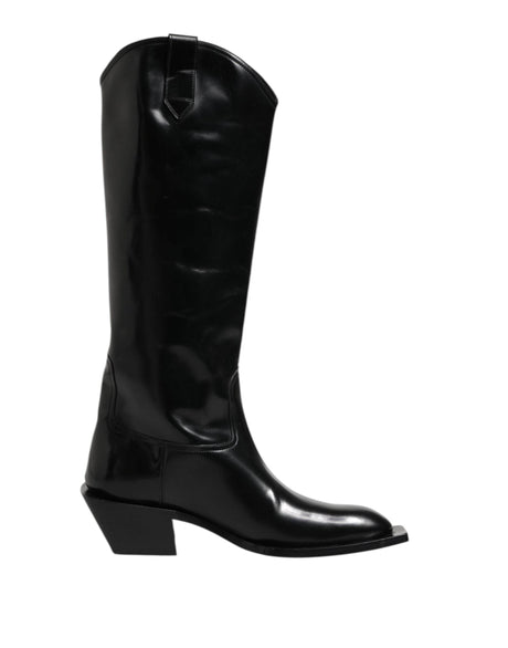 Dolce & Gabbana Black Calfskin Leather Logo High Boots Shoes - Hilstor