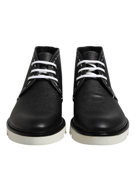 Dolce & Gabbana Black White Leather Ankle Boots Shoes - Hilstor