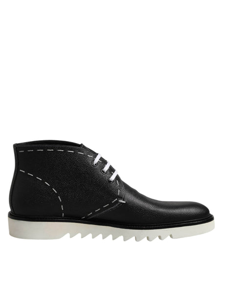 Dolce & Gabbana Black White Leather Ankle Boots Shoes - Hilstor