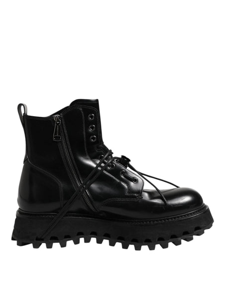 Dolce & Gabbana Black Leather Logo Ankle Boots Lace Up Shoes - Hilstor