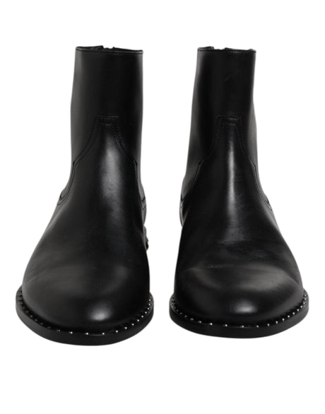 Dolce & Gabbana Black Leather Logo Ankle Boots Studded Shoes - Hilstor