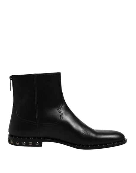 Dolce & Gabbana Black Leather Logo Ankle Boots Studded Shoes - Hilstor