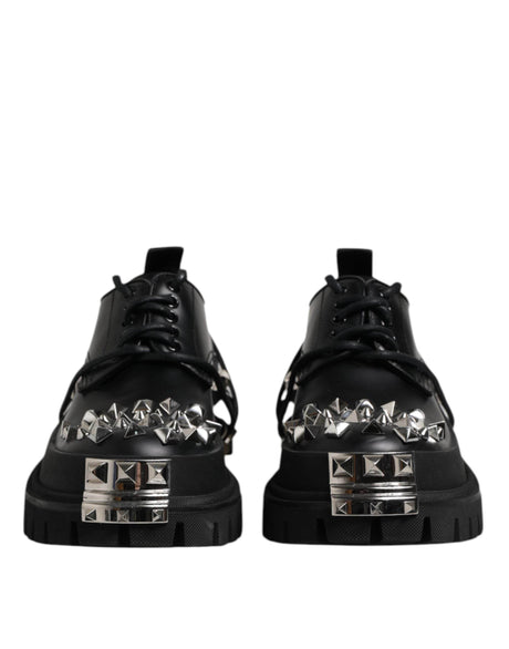 Dolce & Gabbana Black Leather Embellished Trekking Derby Shoes - Hilstor