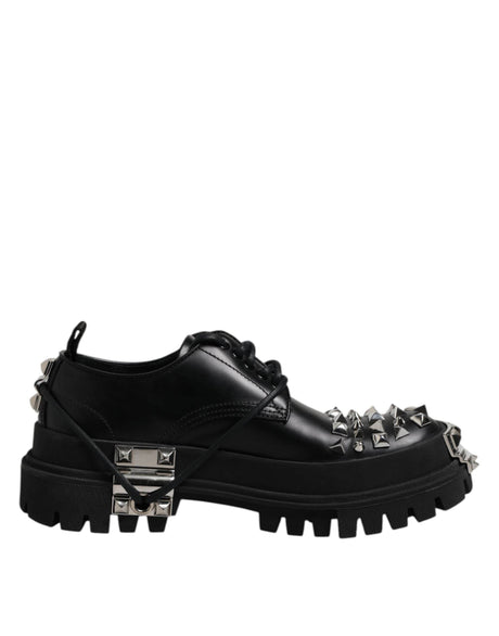 Dolce & Gabbana Black Leather Embellished Trekking Derby Shoes - Hilstor